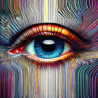 Detailed colorful painting of a vibrant blue eye with dynamic, radiating lines.