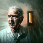 Elderly man digital painting with white hair and furrowed brows