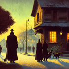 Silhouetted figures and dogs by warmly lit house at snowy sunset