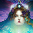 Ethereal fantasy art: Woman with turquoise hair, mystical crown, purple flowers, glowing orbs,