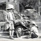 Monochrome illustration: Kids playing mechanic with old car