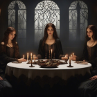 Five Women in Black Attire Around Round Table with Lit Candles