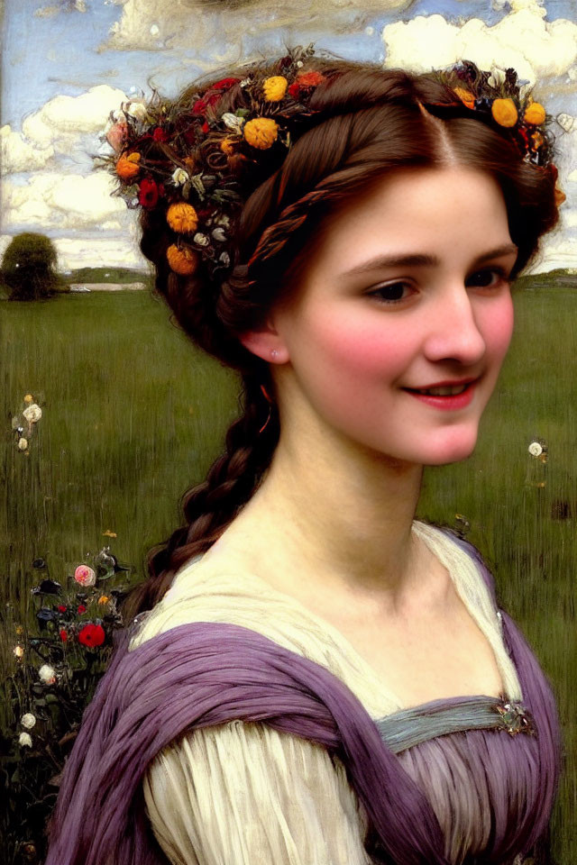 Portrait of young woman with floral wreath and braided hairstyle in pastoral setting