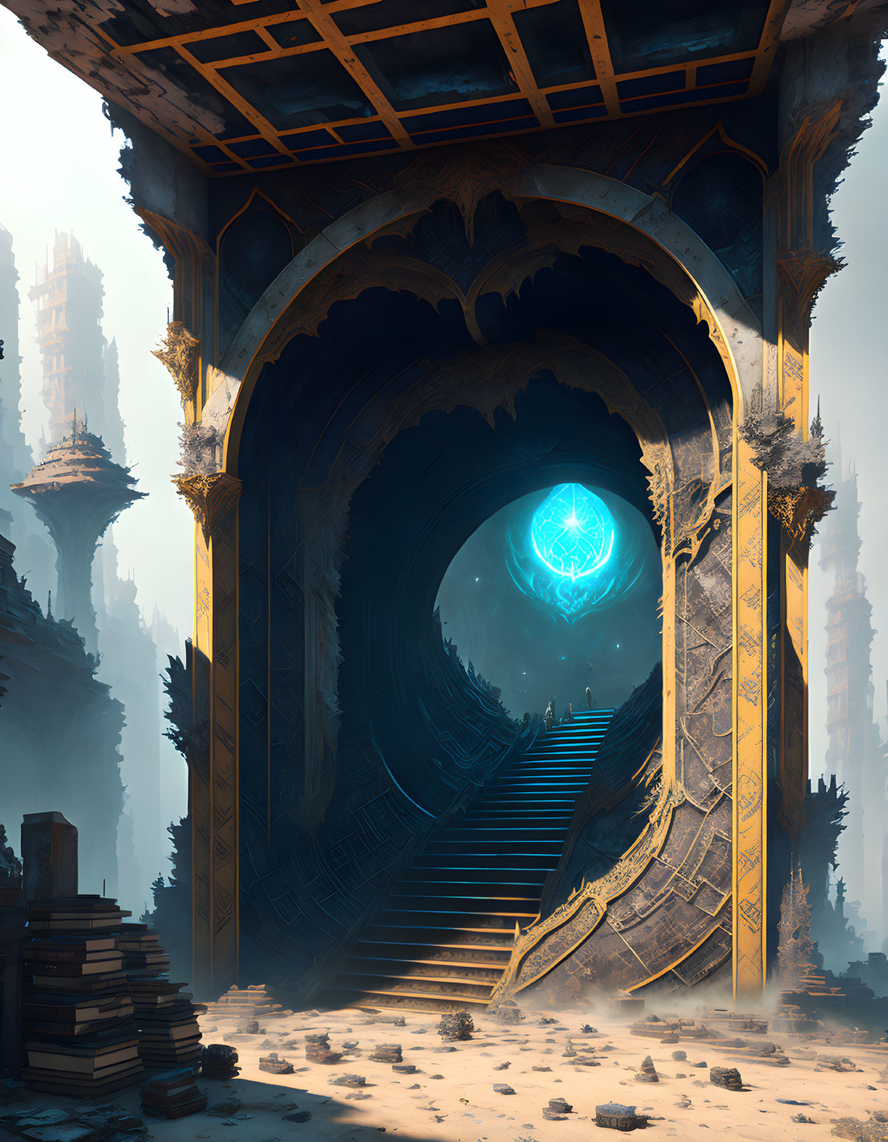 Intricate mystical archway with glowing blue emblem in ancient ruin