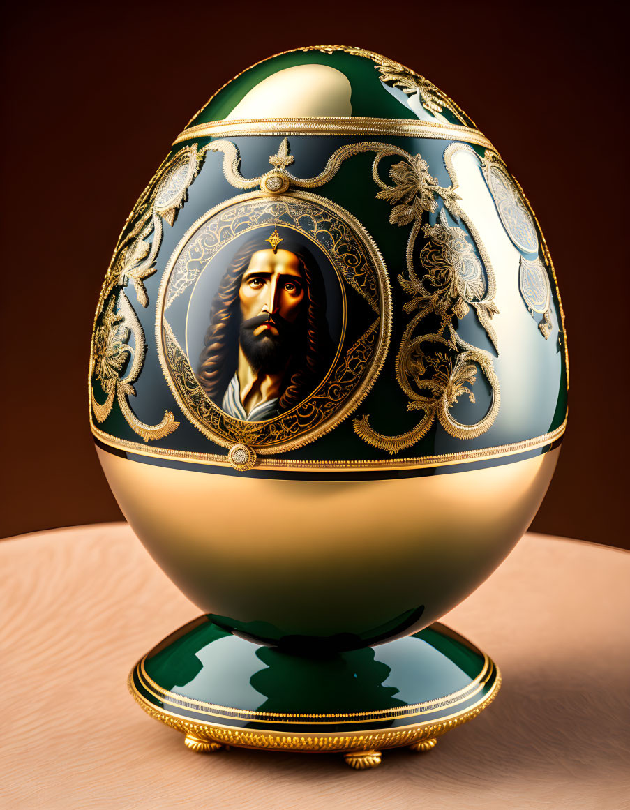 Ornate Jesus-themed egg with gold patterns and gem-like details