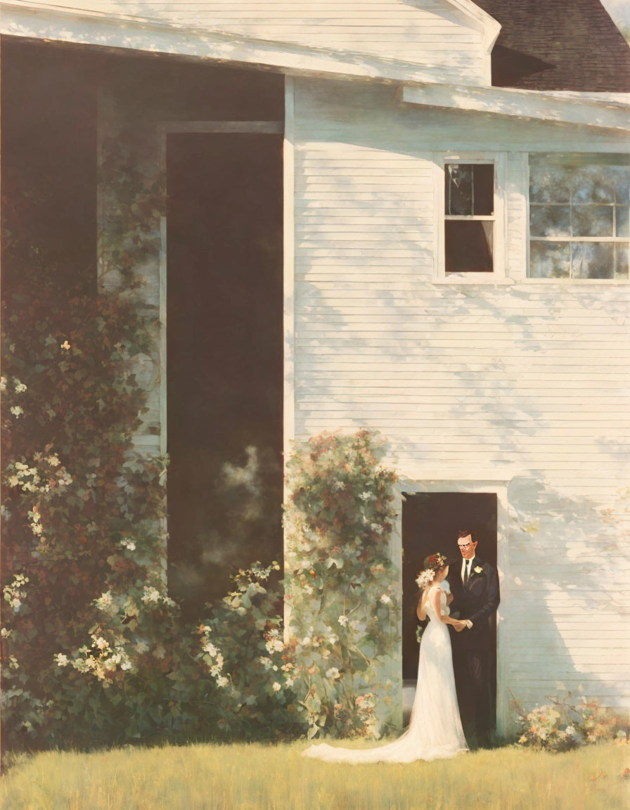 Bride and groom in doorway of old house with sunlit flowers