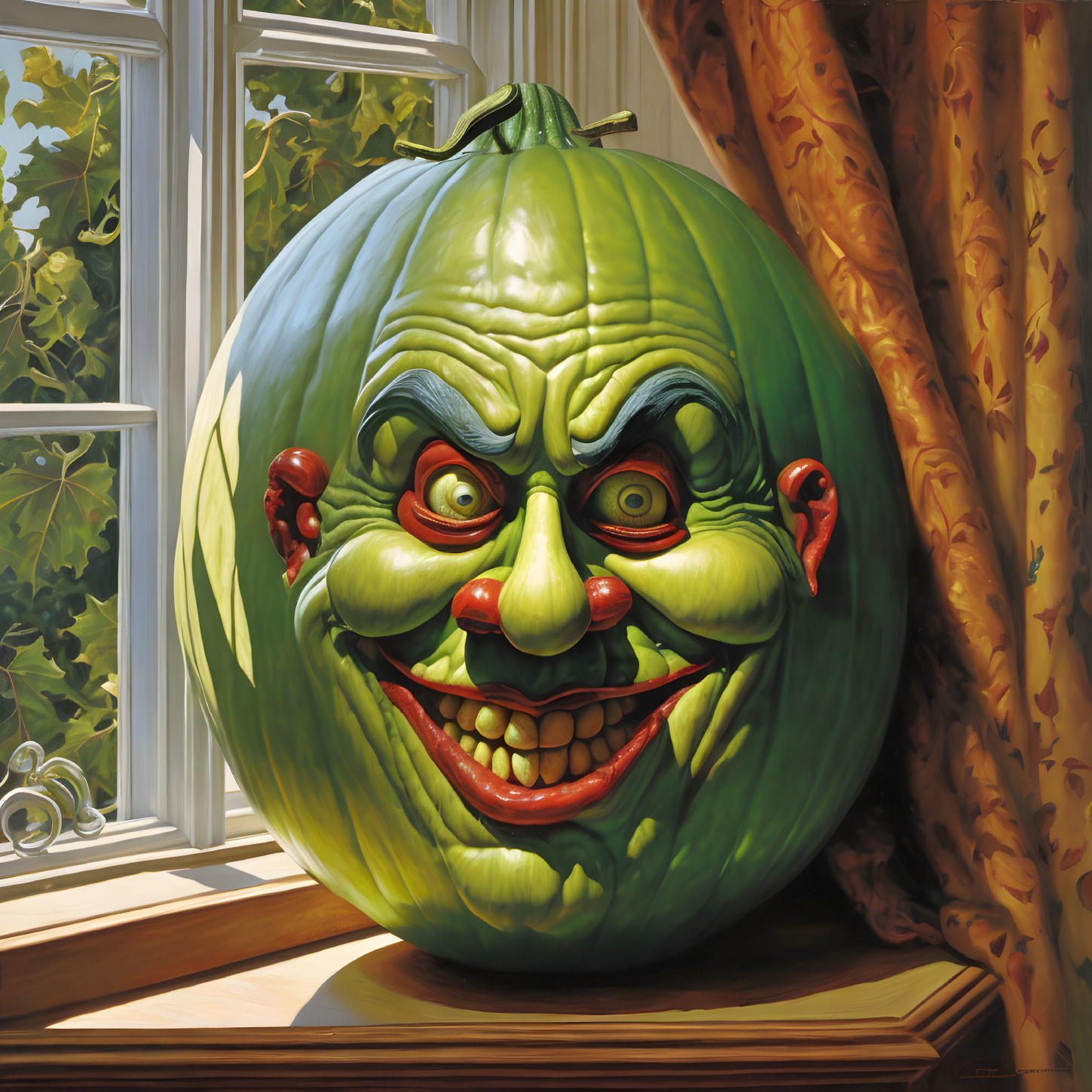 Hyperrealistic painting of anthropomorphized green pumpkin by window