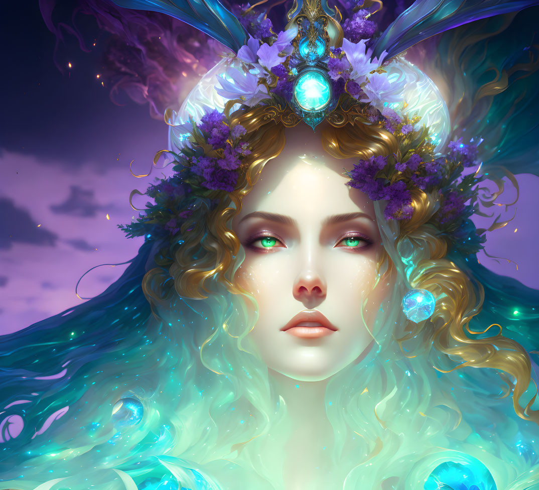 Ethereal fantasy art: Woman with turquoise hair, mystical crown, purple flowers, glowing orbs,