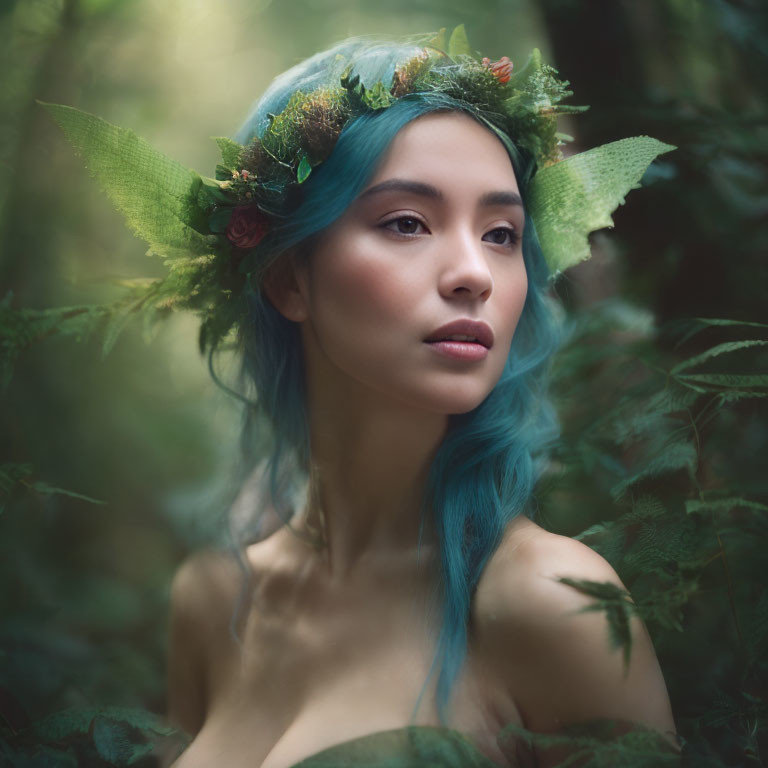 Blue-haired woman with leafy crown in serene forest setting