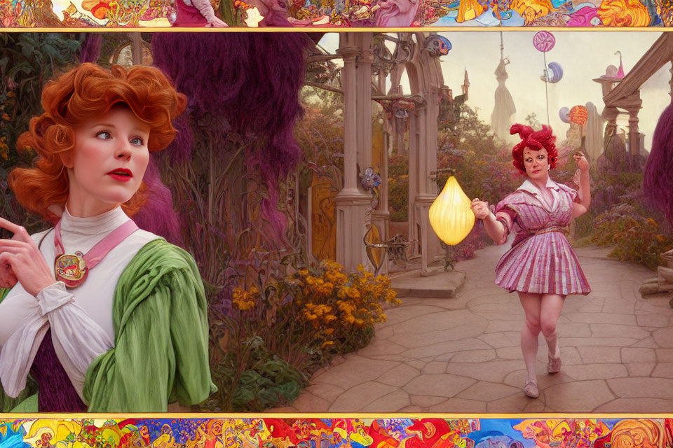 Two Red-Haired Women in Colorful Costumes Amid Fantastical Garden