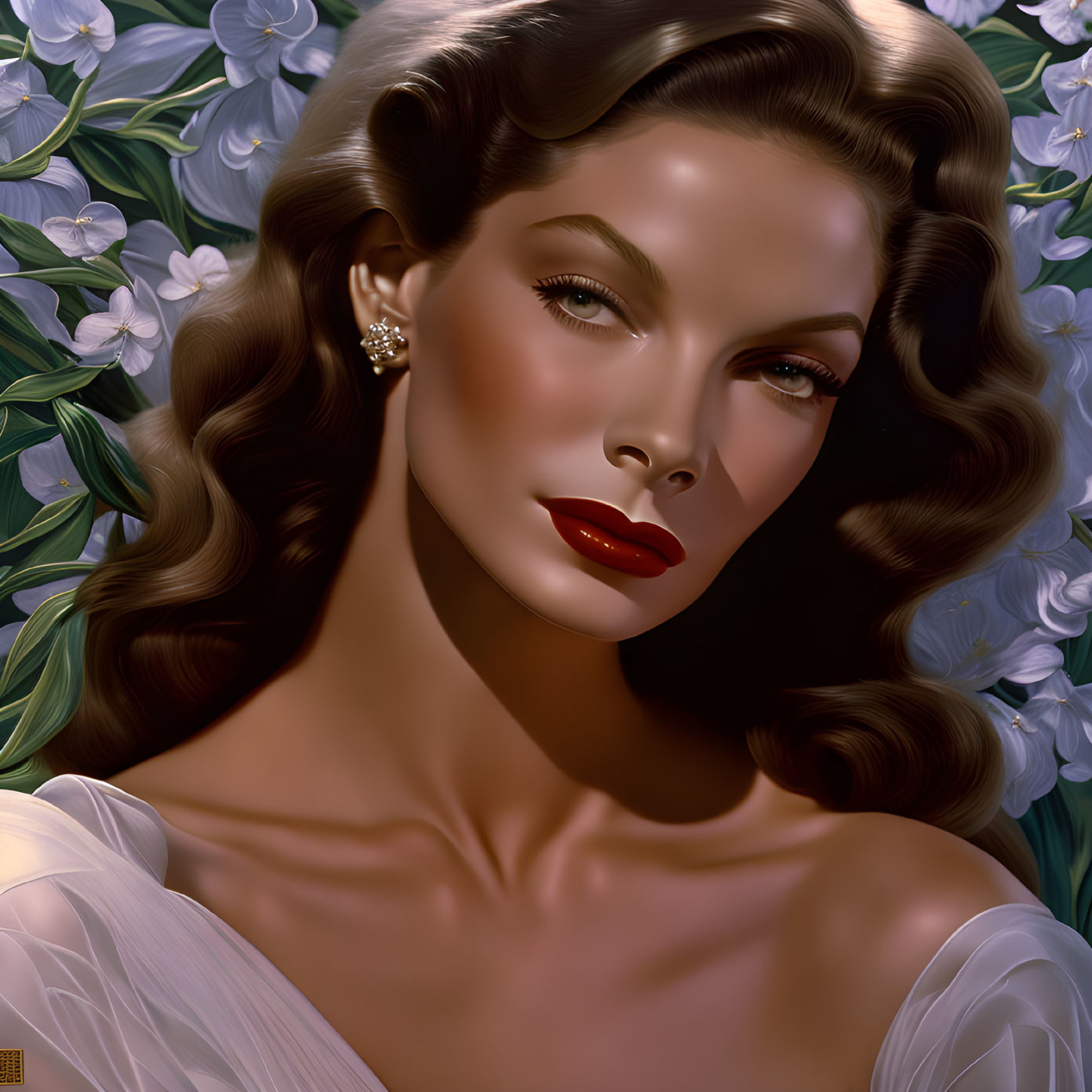 Portrait of woman with wavy hair, red lipstick, white dress, and blue flowers.