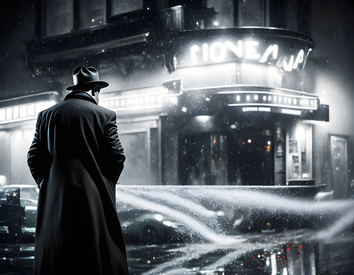 Man in trench coat and fedora outside neon-lit diner on snowy city night