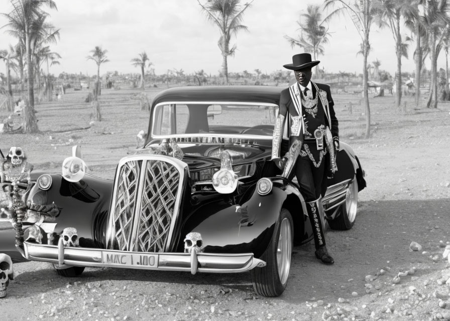 Person in Top Hat and Sunglasses with Classic Car in Skull-filled Scene