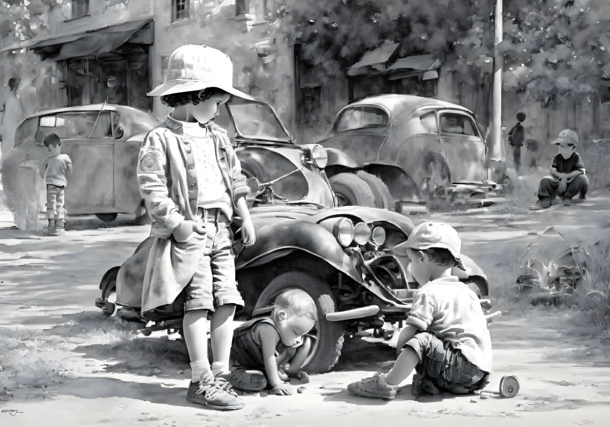 Monochrome illustration: Kids playing mechanic with old car