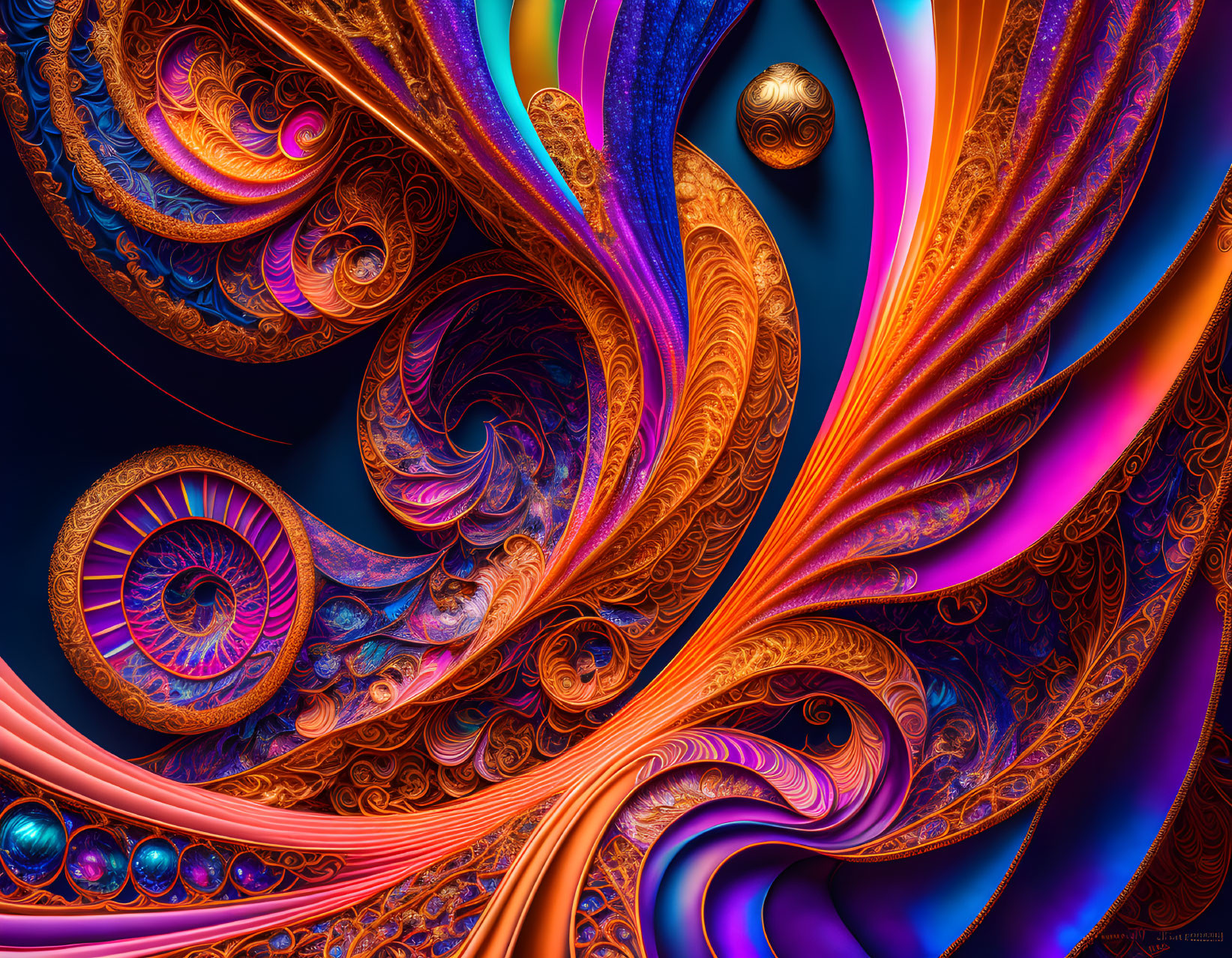 Colorful Digital Artwork with Swirling Patterns and Metallic Textures