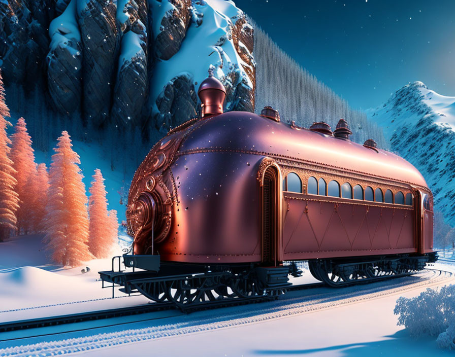 Vintage Train in Snowy Landscape with Illuminated Trees and Mountains