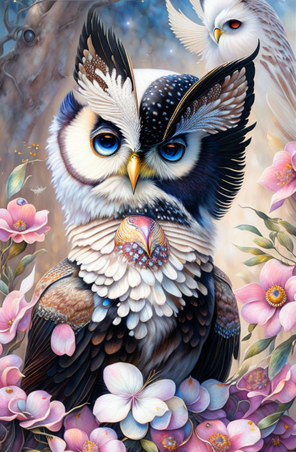 Colorful Stylized Owl with Floral Surroundings and White Bird