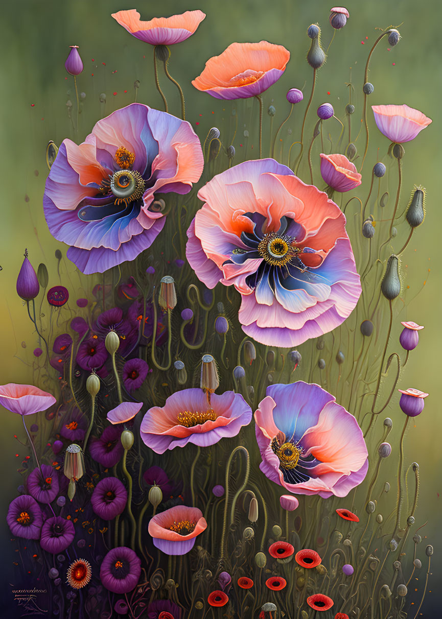 Colorful Poppy Painting in Purple, Pink, and Orange on Green Background