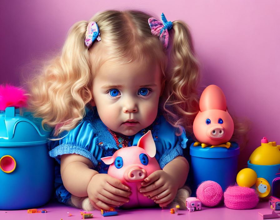 Blue-eyed toddler with curly hair holding pig toy amidst colorful toys on pink background