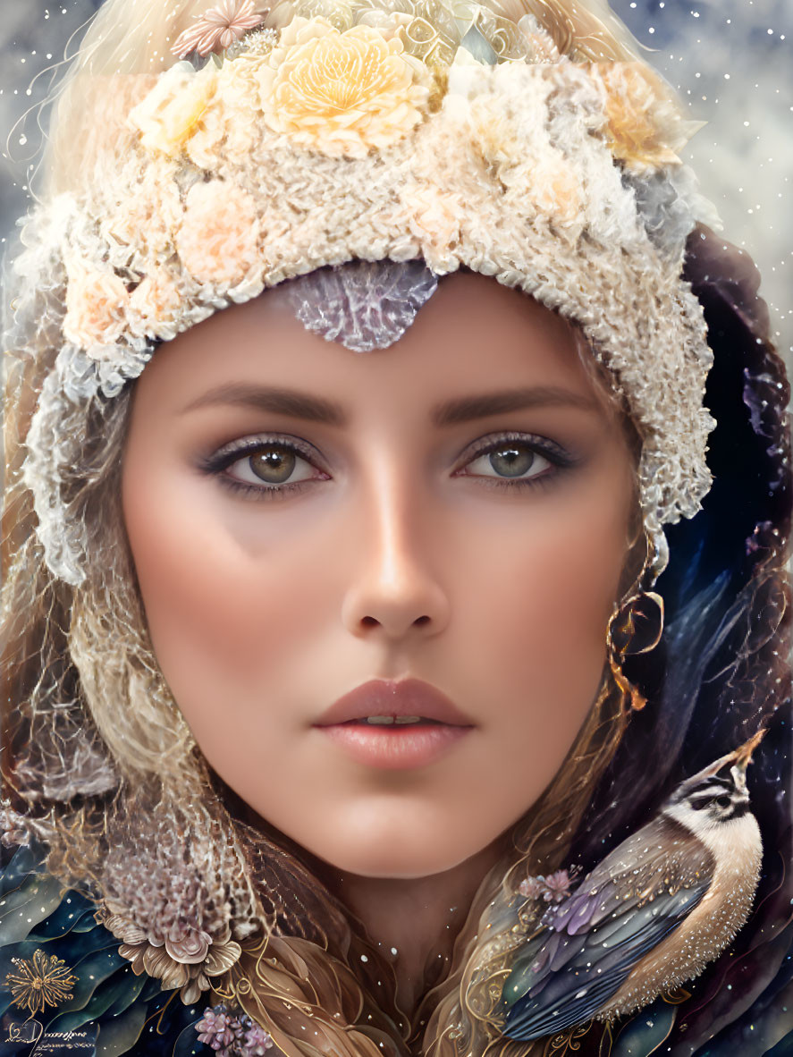 Portrait of Woman with Intense Eyes and Floral Headpiece, Cloak, Bird, and Snowfl