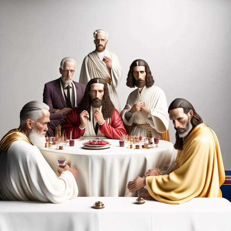 Modern reinterpretation of "The Last Supper" with contemporary attire.