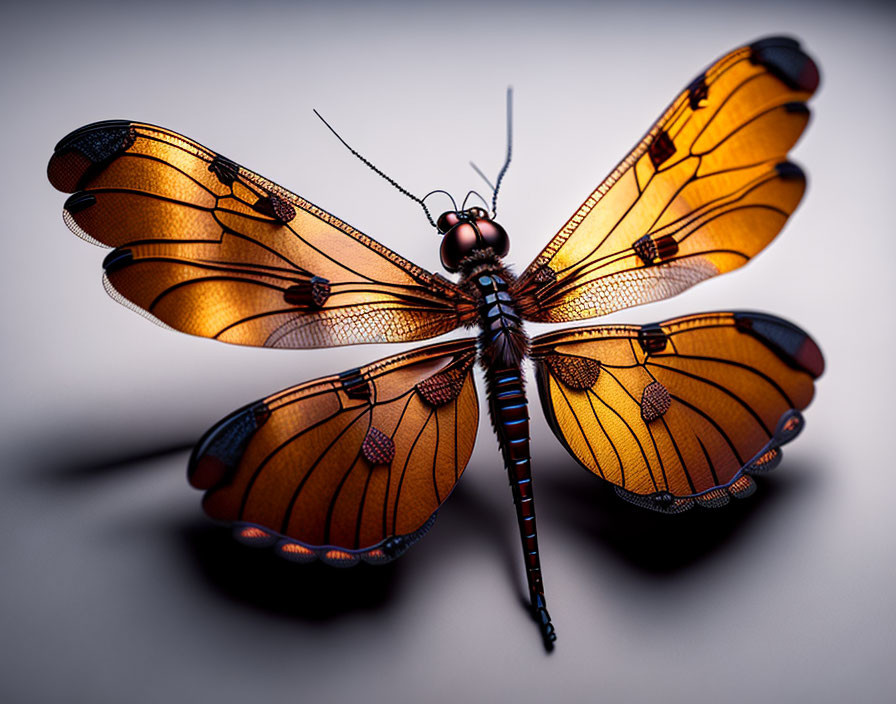 Dragonfly with Translucent Orange and Brown Wings on Soft Background