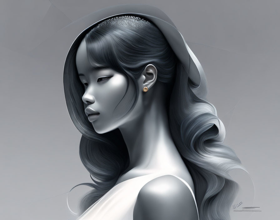 Monochrome digital art of woman in headband, off-shoulder dress