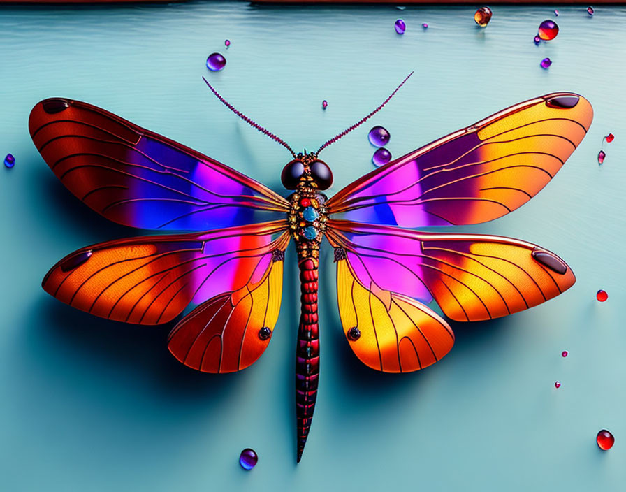 Colorful Digital Dragonfly on Reflective Blue Surface with Water Droplets