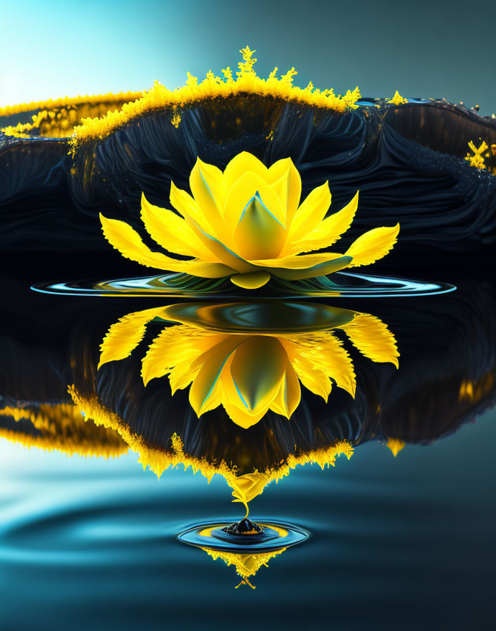 Symmetrical yellow lotus flower digital artwork on dark background