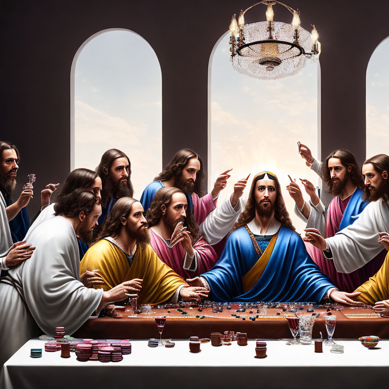 Contemporary reimagining: Last Supper scene as a poker game at a table with cards and