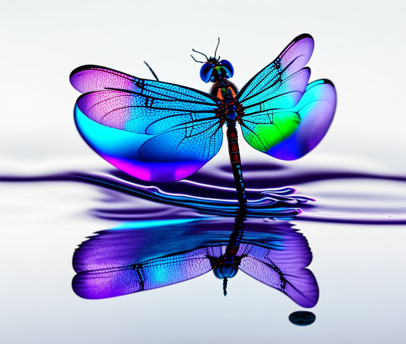 Colorful Dragonfly with Iridescent Wings Reflecting on Water Surface