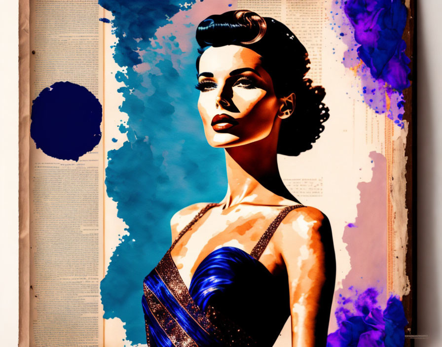 Stylized woman in vintage attire against blue and purple splashes on faux book pages