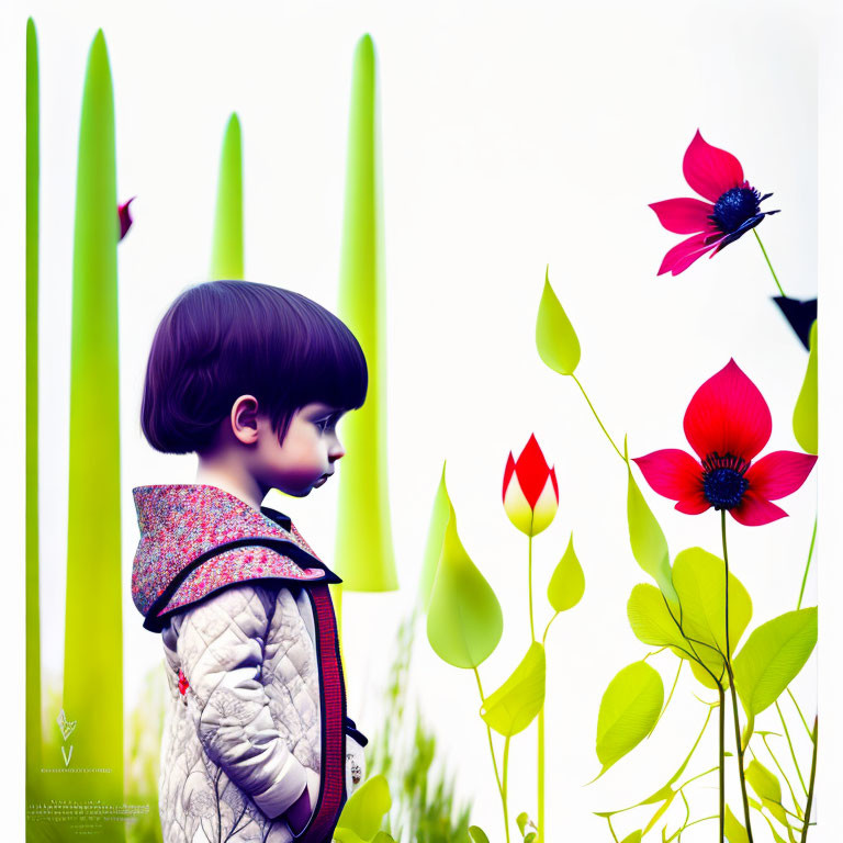 Child with Bob Haircut in Surreal Garden with Oversized Flowers