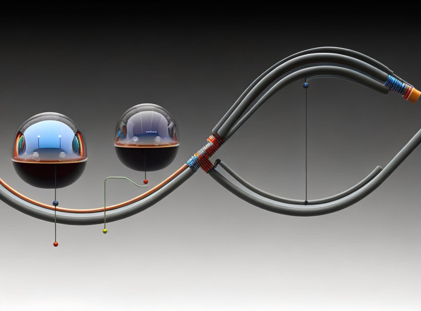 Glass pods connected by tube on gradient background with cables.