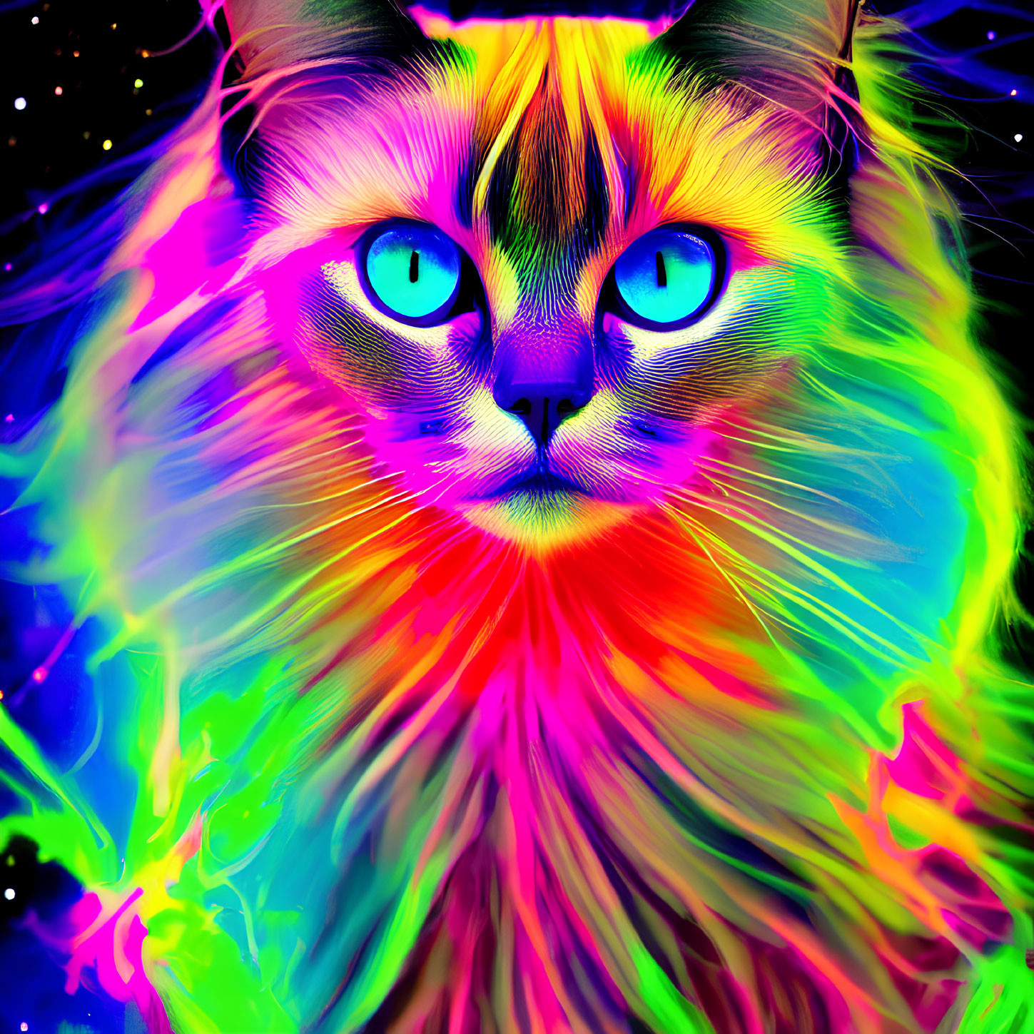 Colorful Psychedelic Cat Portrait with Blue Eyes and Neon Fur Coat