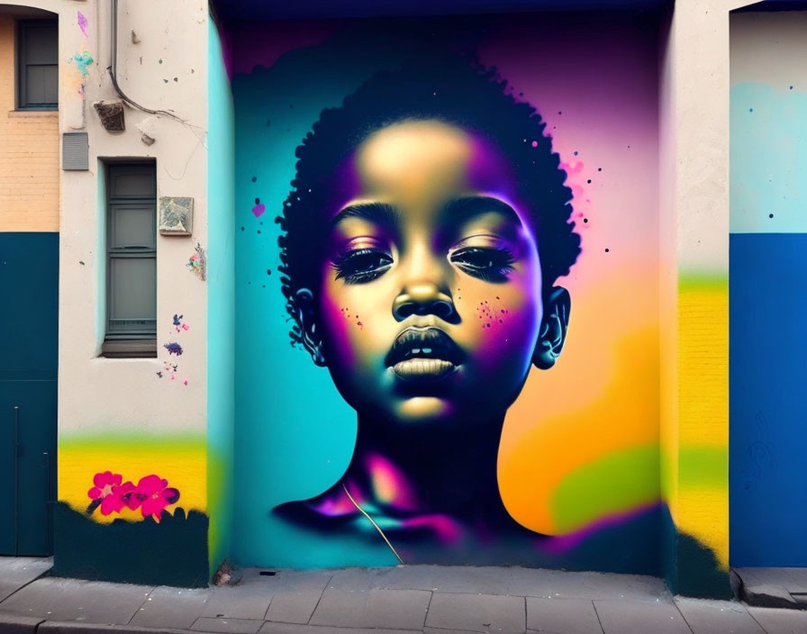 Colorful child's face street art with blue to orange gradient and urban backdrop