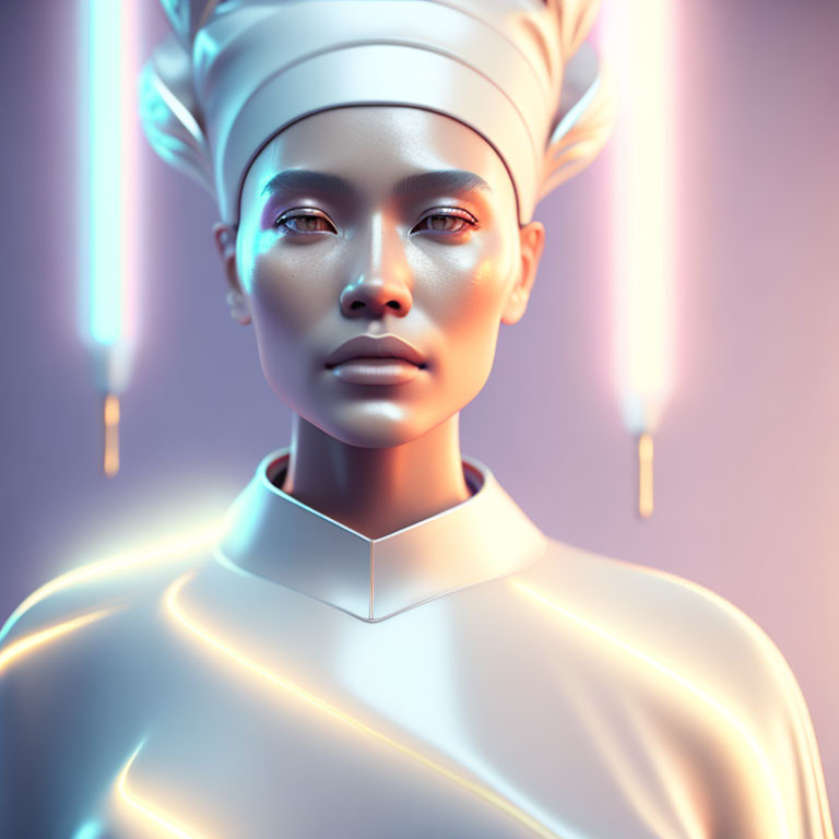 Futuristic female figure in white suit with glowing skin against neon lights