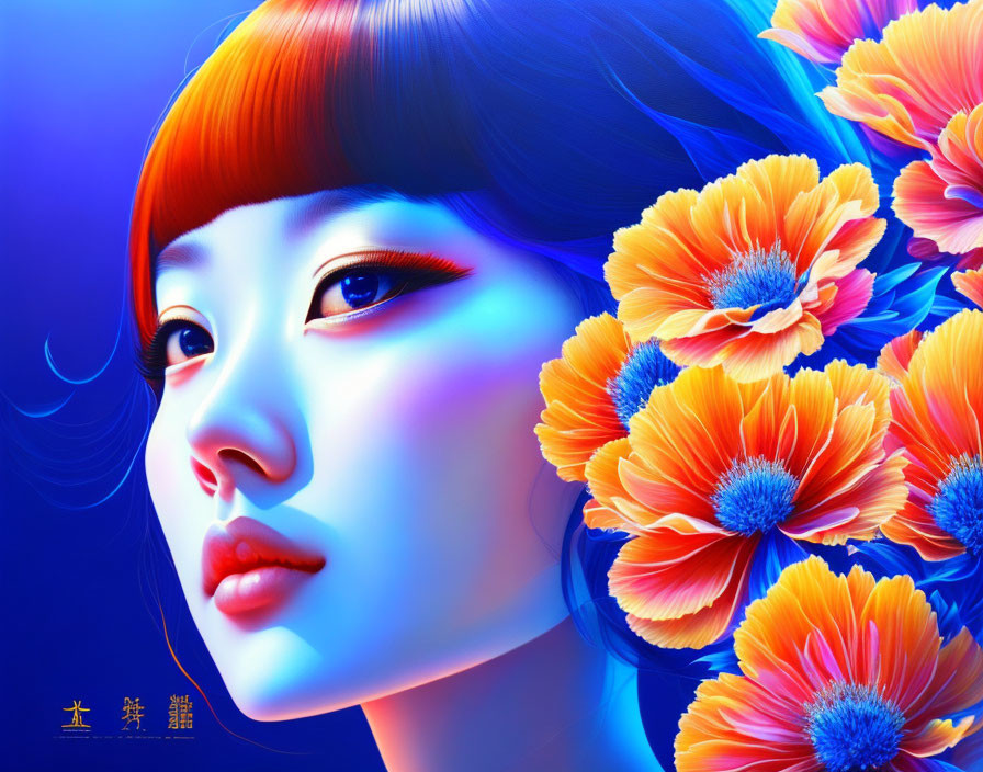 Colorful digital portrait of a woman with orange flowers and blue backdrop