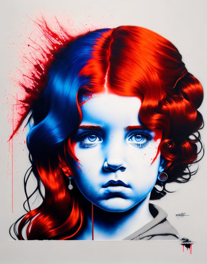 Portrait of young girl with red and blue hair and splattered paint, intense blue eyes.