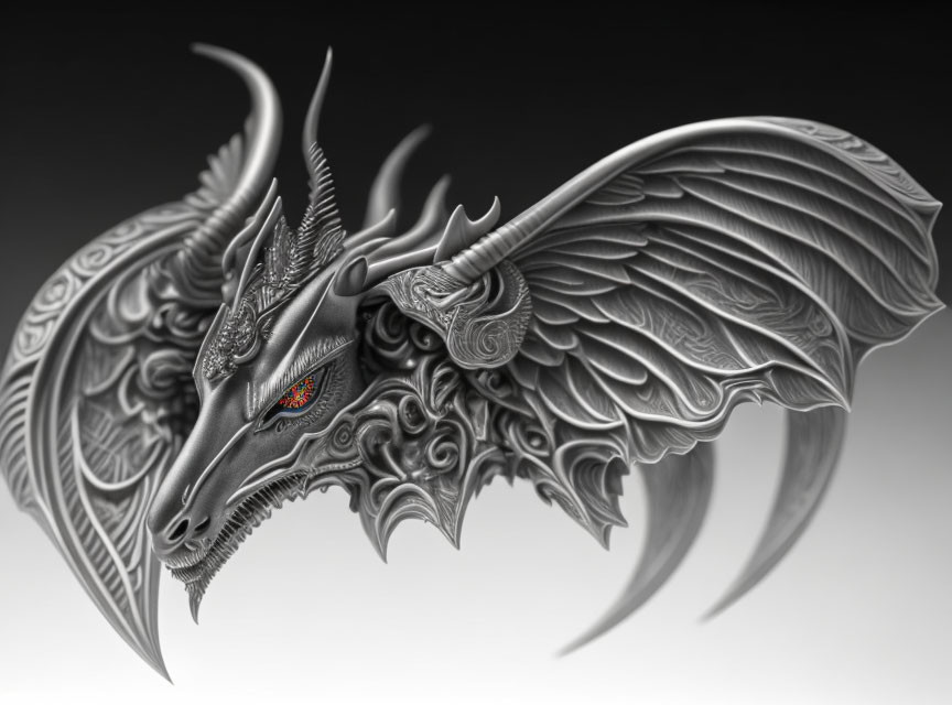 Monochromatic dragon art with intricate patterns and orange eye