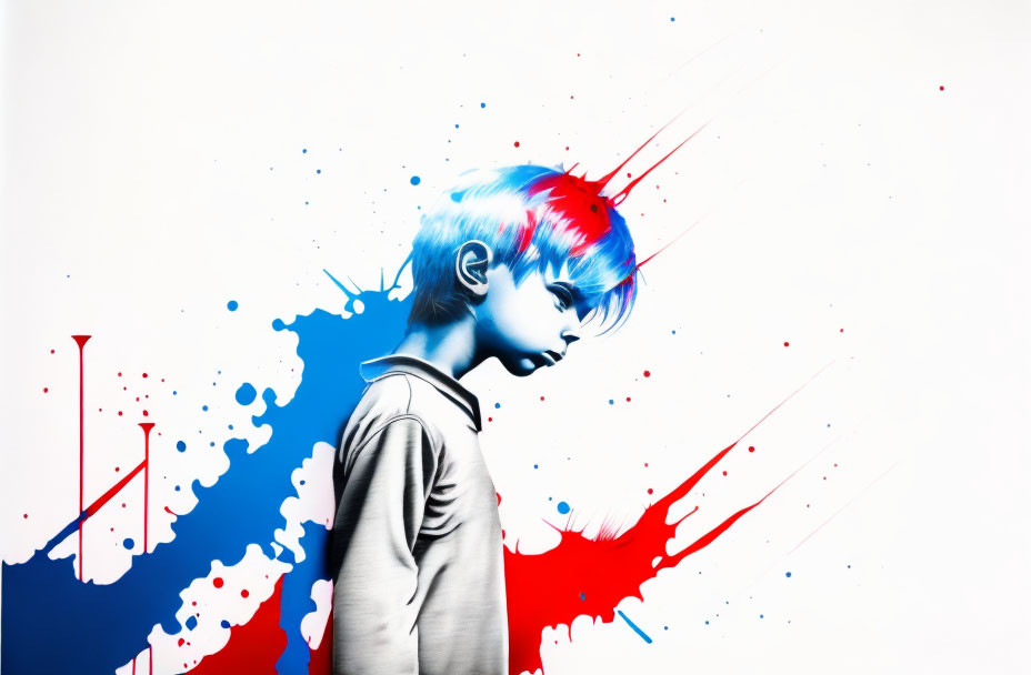 Young person's side profile in blue against vibrant red and blue backdrop