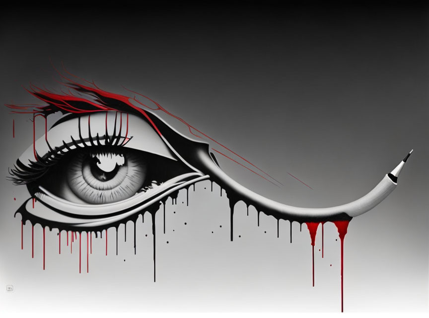 Hyper-realistic eye art with red streaks and dripping paint