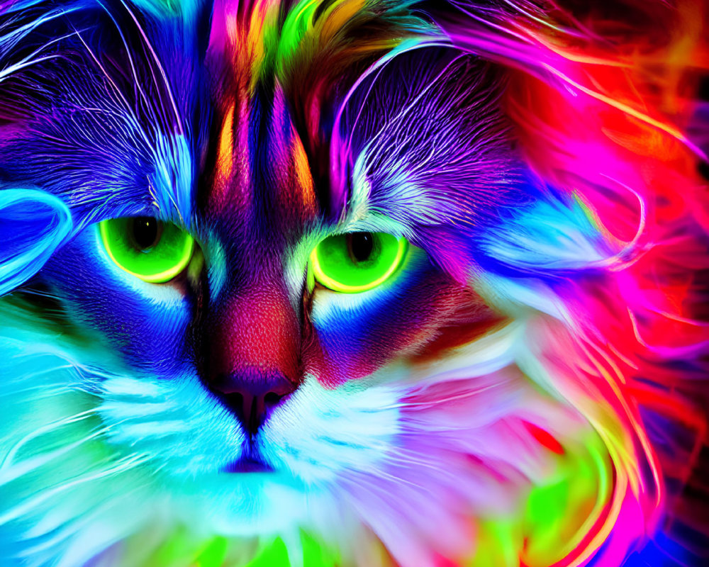 Colorful neon cat art with glowing green eyes on dark backdrop