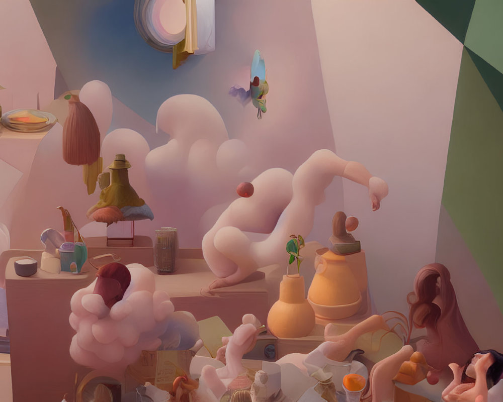 Surreal room with angular shapes and pastel colors featuring whimsical objects and floating figure