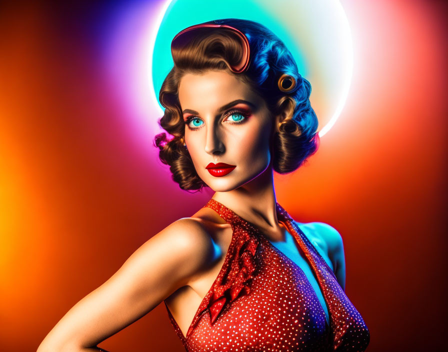 Retro-styled woman with glamorous hair and makeup on vibrant neon background