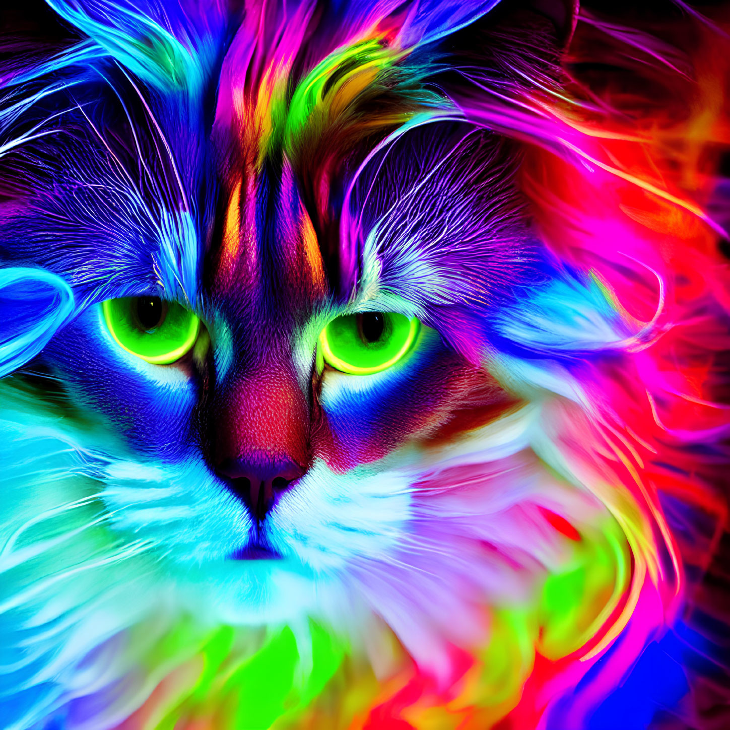 Colorful neon cat art with glowing green eyes on dark backdrop