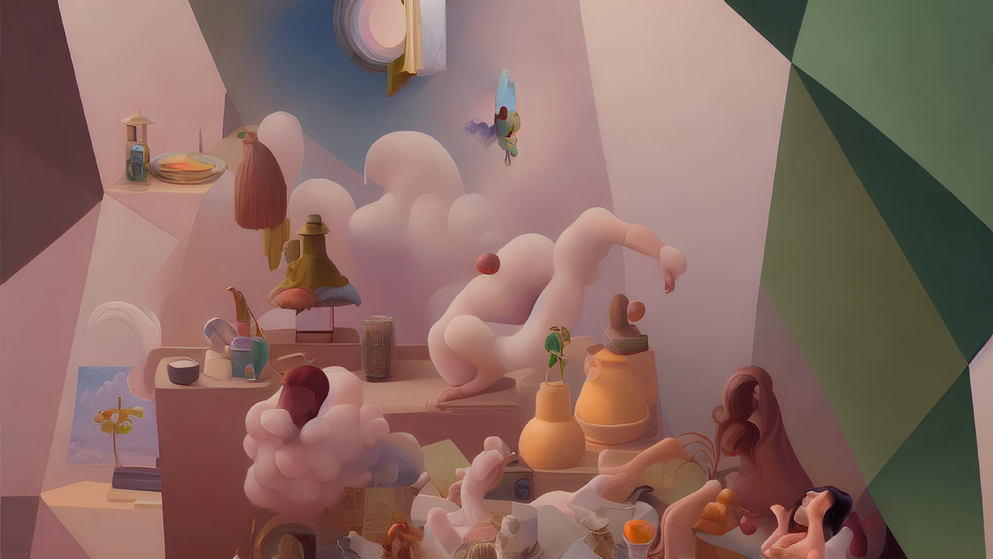 Surreal room with angular shapes and pastel colors featuring whimsical objects and floating figure