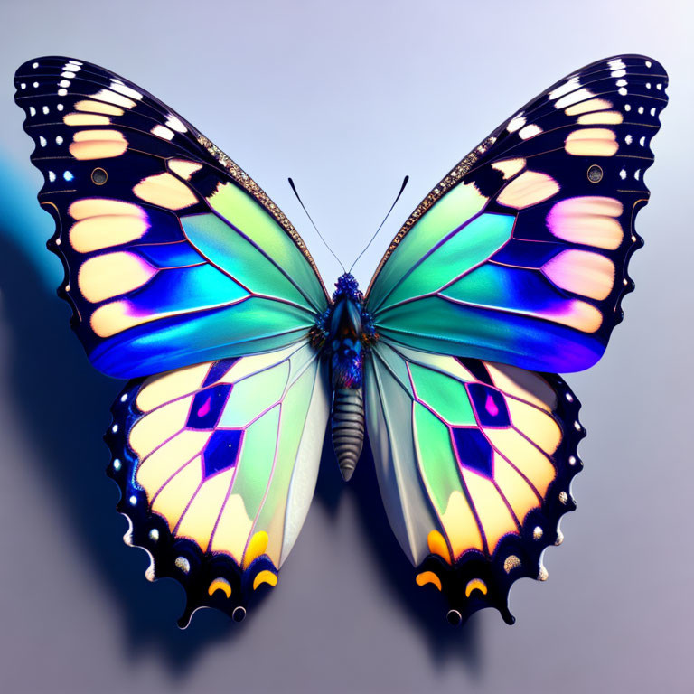 Colorful Butterfly with Blue and Yellow Patterned Wings on Purple Background