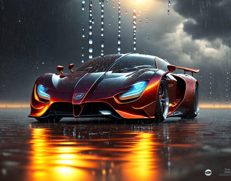 Red and Black Sports Car Parked on Wet Surface in Rain