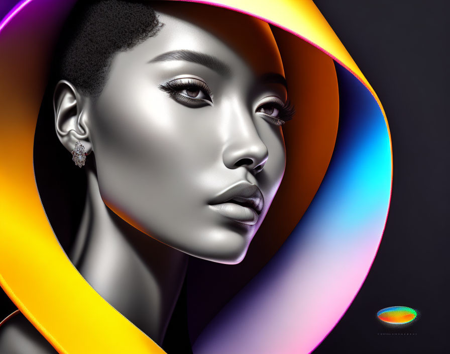 Vibrant digital art: woman with striking features in neon loops